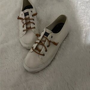 Sperry White Leather Sneakers with Tan Laces